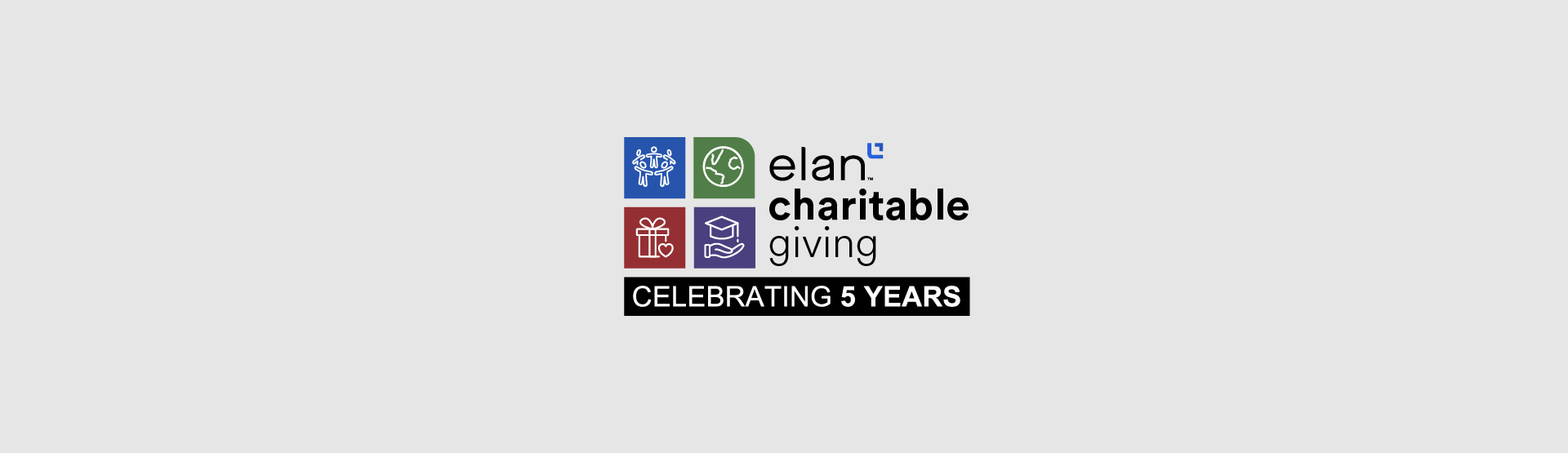 Elan Charitable Giving logo with the text "celebrating 5 years" on a white background.