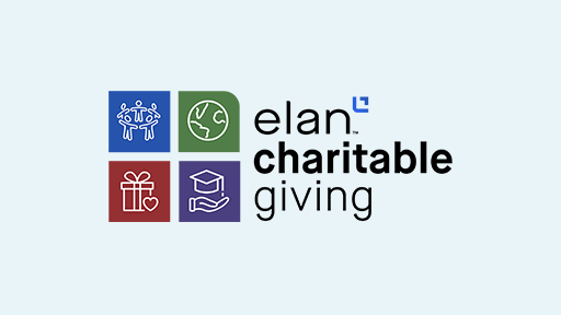 Elan's Charitable Giving logo on a light blue background. 