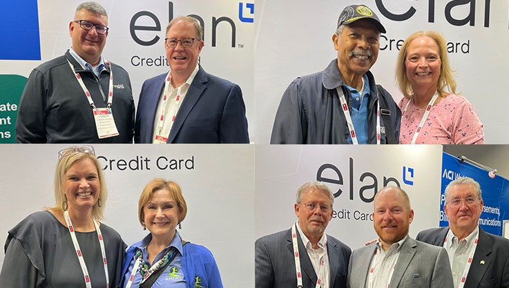 Four quadrants of a square graphic each contain a photo of credit card partners at the Elan Credit Card conference booth. 