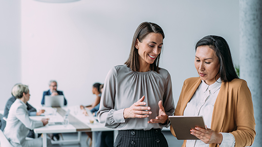 Image of a business meeting between two women with a tablet. A table in back shows other employees at work.
