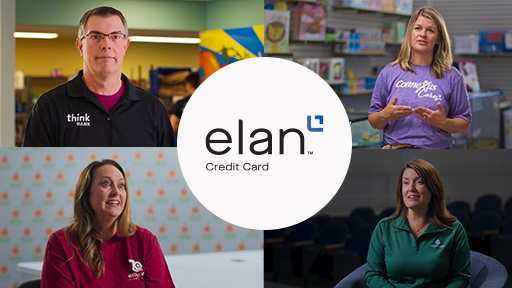 An image with four photos of indviduals in each corner speaking to the camera. In the center is the Elan Credit Card logo on a white circle. 