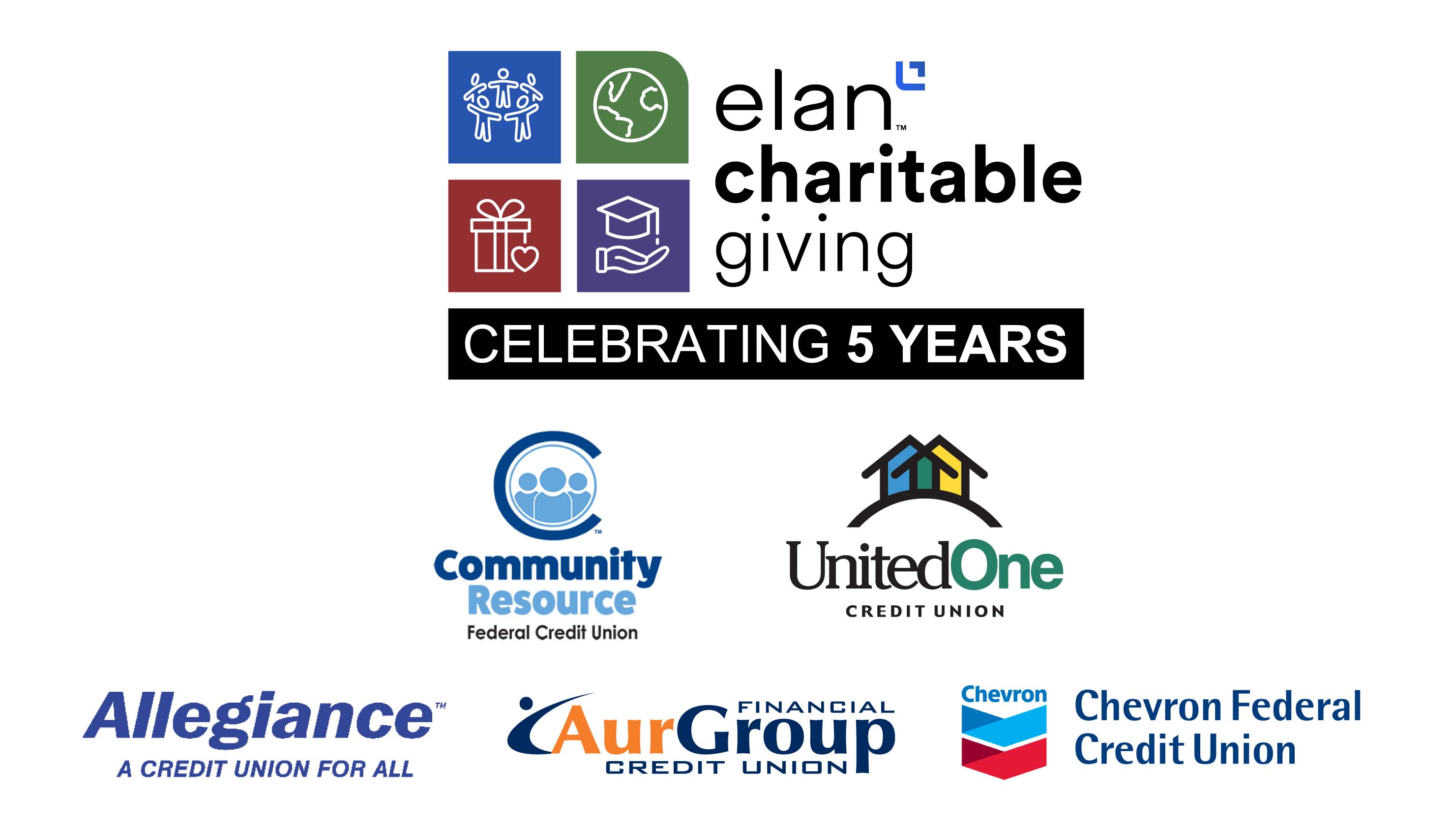 The Elan Charitable Giving logo. Under the logo reads "celebrating 5 years." Beneath that is the 5 logos of the credit unions. 