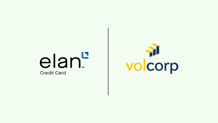 On a green background are two logos side-by-side. On the left Elan Credit Card and on the right VolCorp.