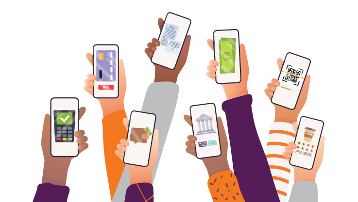 Various illustrated hands raise from the bottom of the image holding smart phones. Each screen is displaying a different payment or rewrd option. 