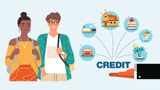 An illustration of two young adults on the left. On the right is an oversized hand with many payment options and rewards on it.