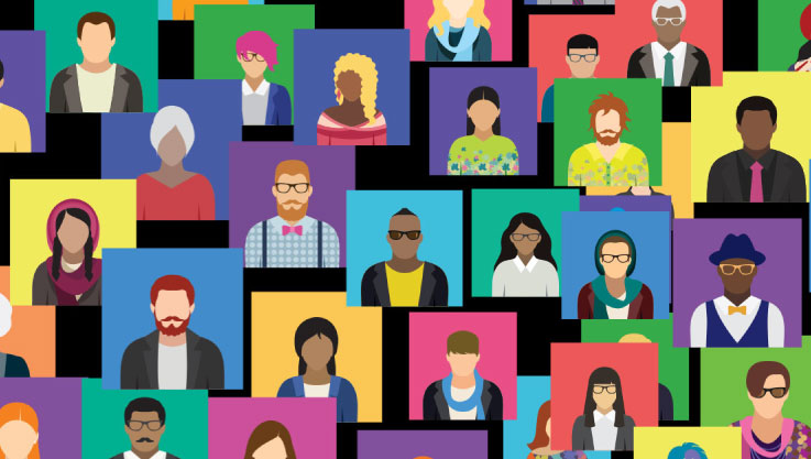 An illustration with many different people on different colored backgrounds.