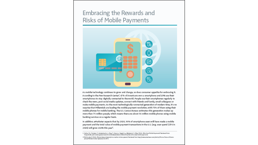 A graphic of a mobile phone with a credit card, calculator and app icons are shown around it. The mobile phone is on a blue gradient background. Text above the graphic reads "Embracing the Rewards and Risks of Moible Payments"