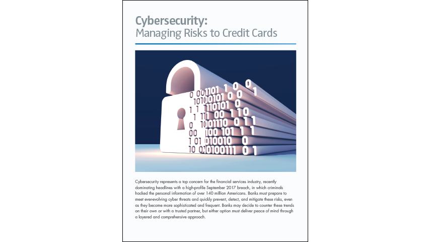 Graphic of a large lock icon with digital 1s and 0s alongside it on a dark navy background. Text above the graphic reads "Cybersecurity: Managing Risks to Credit Cards"