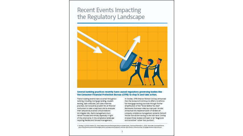 Graphic of 3 people holding a large shield and using it to deflect 2 white arrows approaching from the left side of the screen. Text above the graphic reads "Recent Events Impacting the Regulatory Landscape"