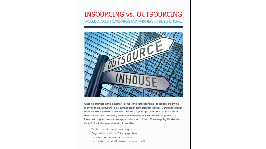 An illustration of a corner street sign in front of a tall building with large windows. The two listed street titles are "outsource" and "insource" going in different directions. 
