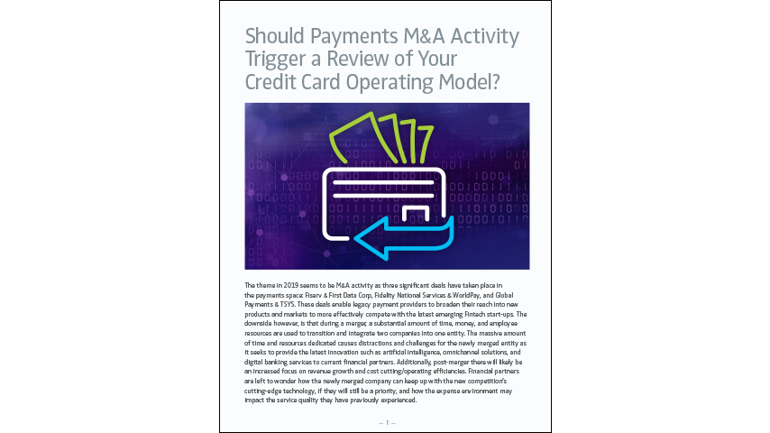 An credit card icon on a blue background. On the top there are four icons representing dollar bills and a blue arrow wrapping the bottom of the card. Text reads "Should Payments M&A Activity Trigger a Review of Your Credit Card Model?"