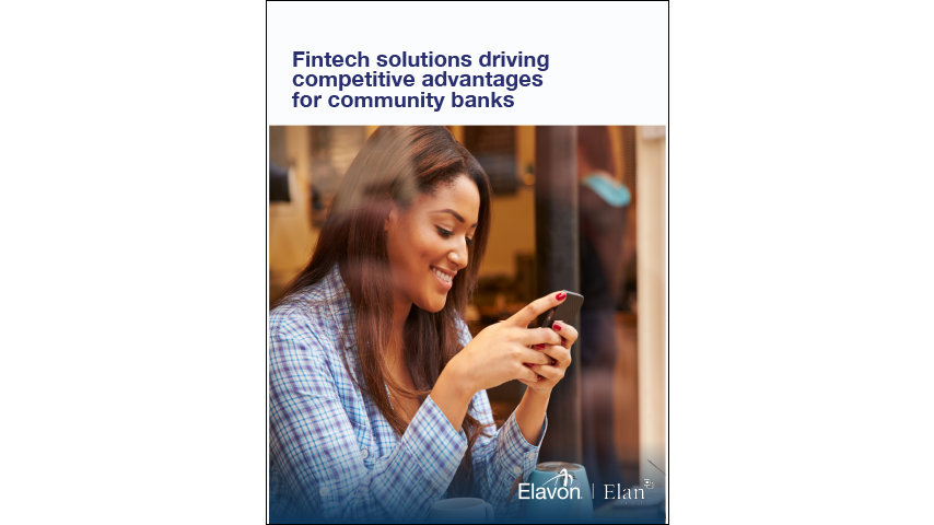 A black woman in a plaid shirt holds a cell phone in her hands smiliing. At the top of the image text reads "Fintech Solutions Driving Competitive Advantages for Community Banks."