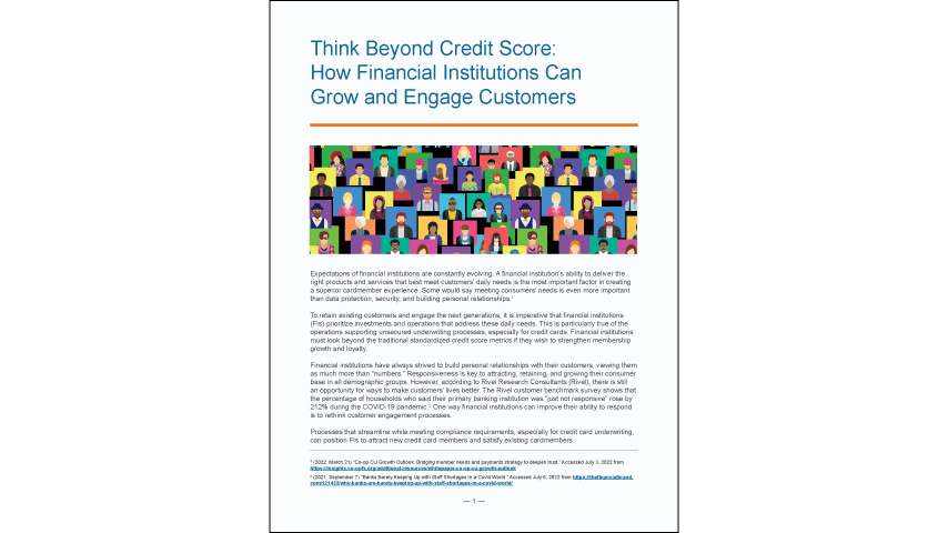 An illustration with many different people on different colored backgrounds.  Over the photo text reads "Think Beyond Credit Score: How Financial Institutions Can Grow and Engage Customers"